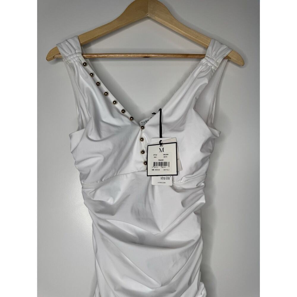 Moeva Womens White TRACEY Plunging Ruched Stretch 1-Piece Swimsuit MEDIUM $411 - Picture 3 of 8